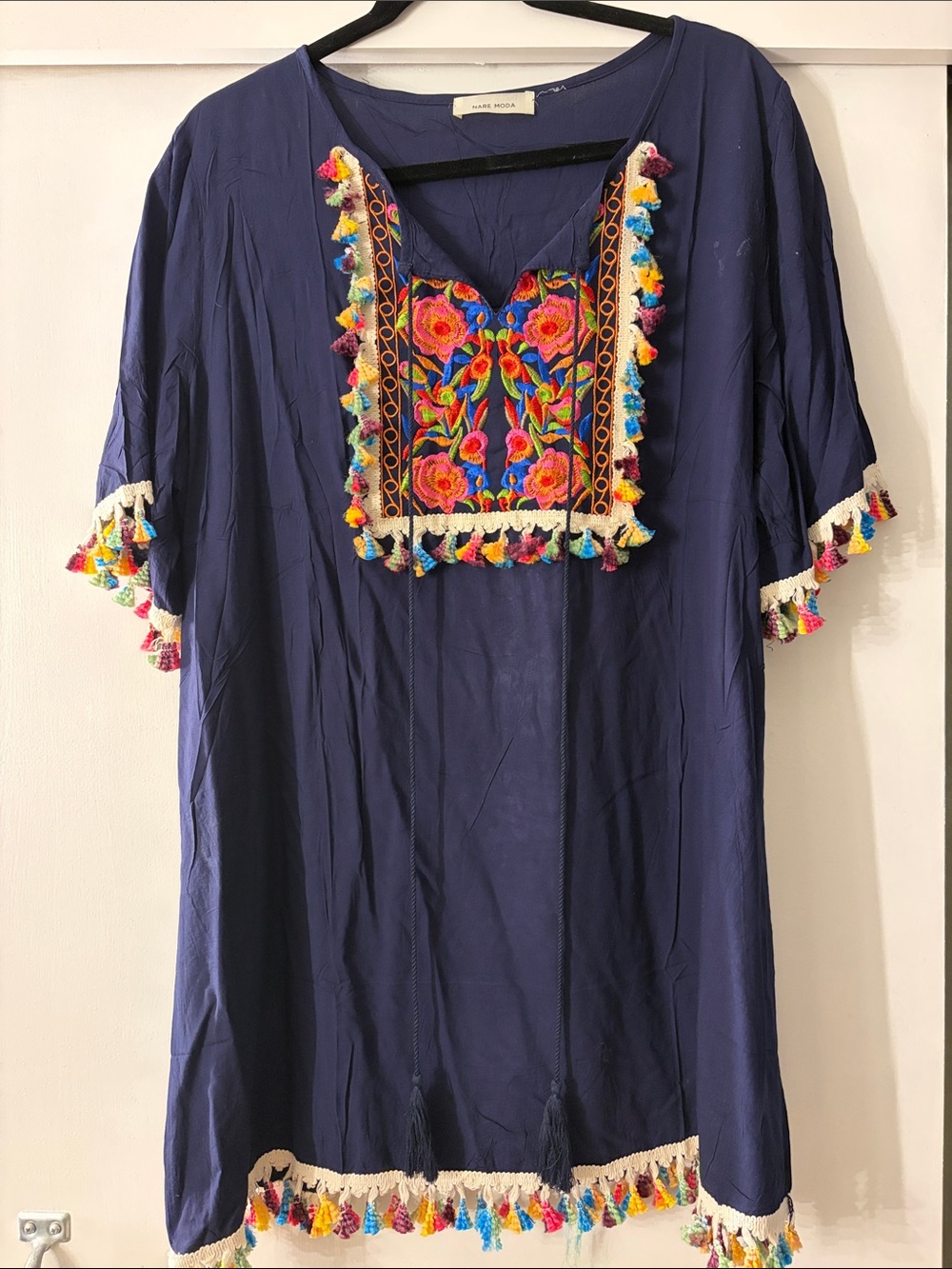 Embroidered Navy Boho Tunic Dress with Multicolor Tassels